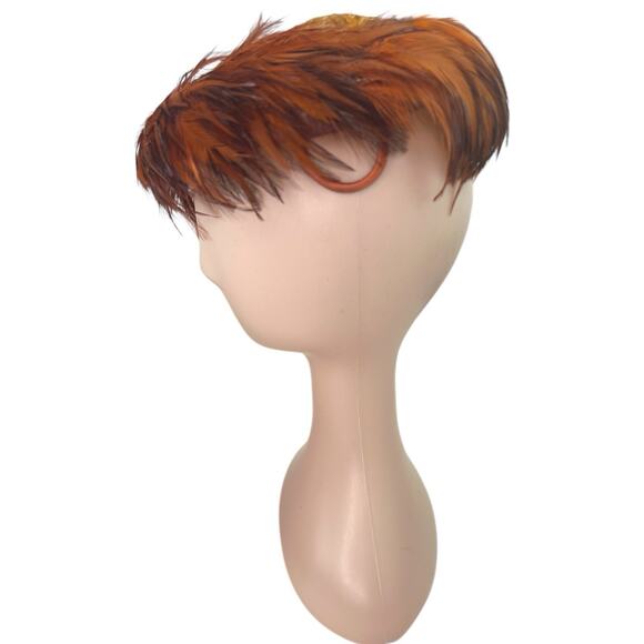 Vintage 1940s Feather Tilt Hat Brown Pheasant Rooster Hollywood Glam Millinery - Picture 5 of 8